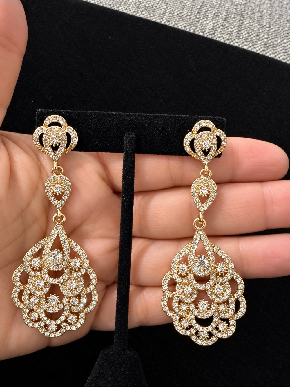 Bridal Wedding Gold Tone Rhinestone Crystal Chandelier Earrings